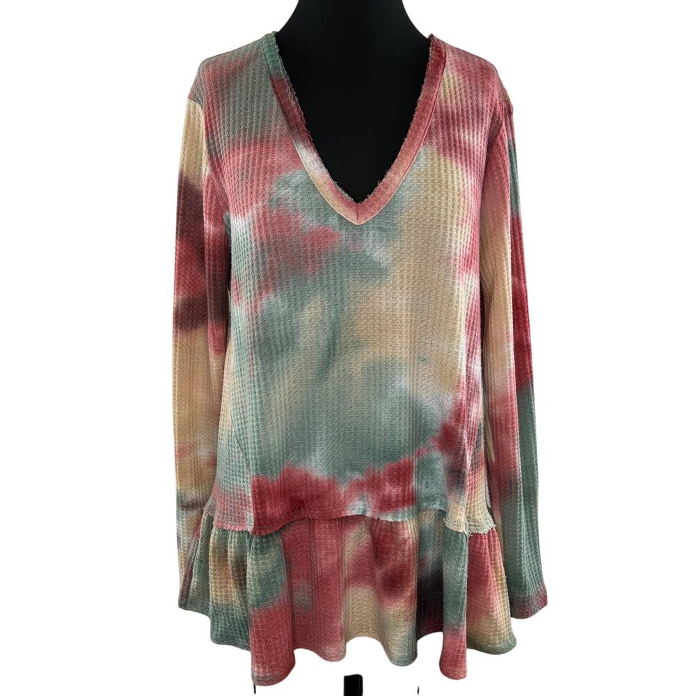 Anthropologie Eri + Ali Tie Dye Ruffle Hem Waffle Knit Pullover Size L Large